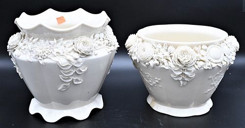 TWO LARGE BELLEEK PORCELAIN JARDINIERES  376f1a