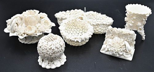 FIVE BELLEEK ENCRUSTED FLOWER PIECES,