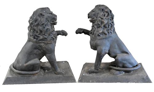 PAIR OF METAL LION FIGURES ON RECTANGULAR