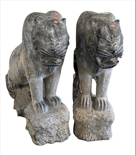 PAIR OF CARVED STONE CATS, ON CARVED