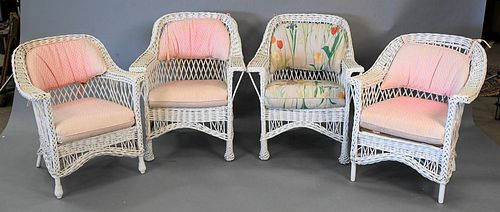 GROUP OF FOUR VINTAGE WICKER ARMCHAIRS,