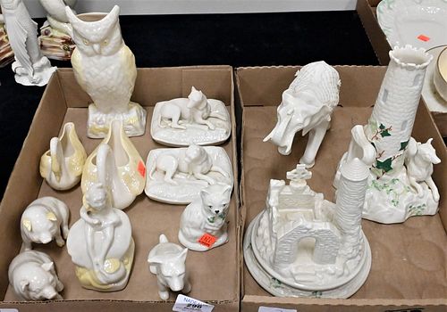 TWO TRAY LOTS OF BELLEEK ANIMALS,