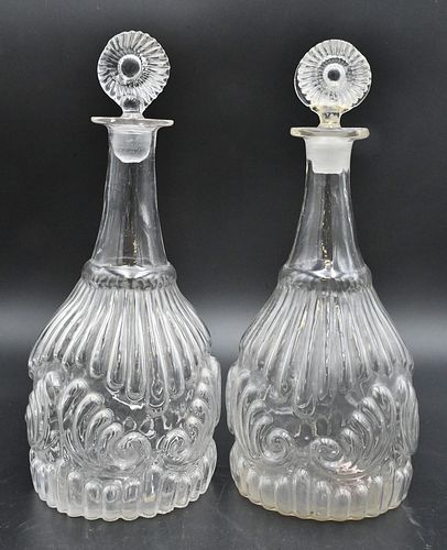 PAIR OF EARLY BLOWN GLASS DECANTERS,