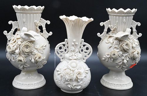 GROUP OF THREE BELLEEK VASES TO 377032