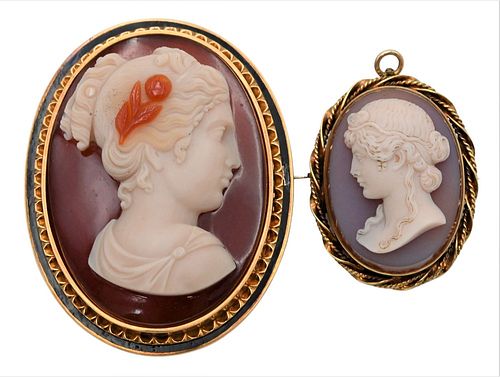 TWO STONE CAMEOS, MOUNTED IN 14
