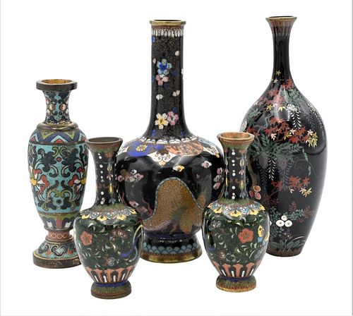 FIVE CLOISONNE CABINET VASES, (ONE