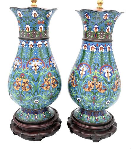 PAIR OF CLOISONNE VASES, MADE INTO