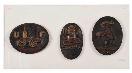 THREE CAST IRON FIRE PLAQUES MOUNTED