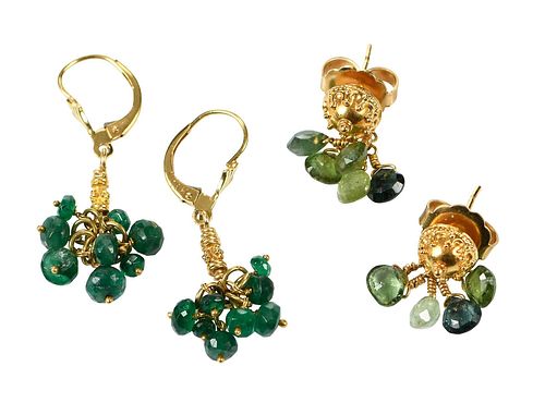 TWO PAIRS 18KT. GEMSTONE EARRINGSround