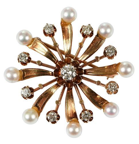 14KT. DIAMOND AND PEARL BROOCHcenter