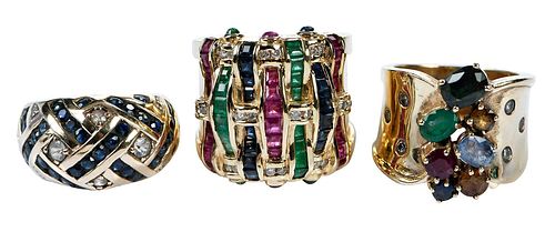 THREE GOLD GEMSTONE RINGSassorted