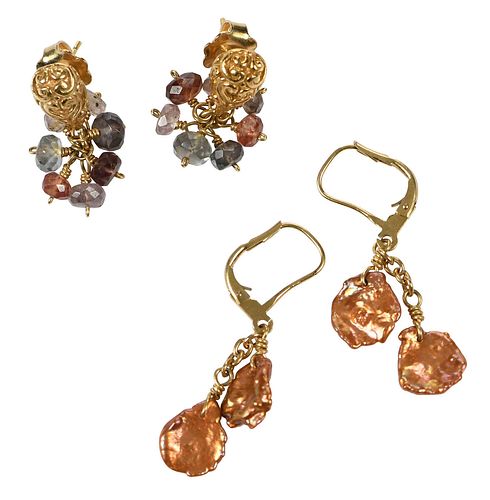 TWO PAIRS 18KT. GEMSTONE EARRINGSassorted