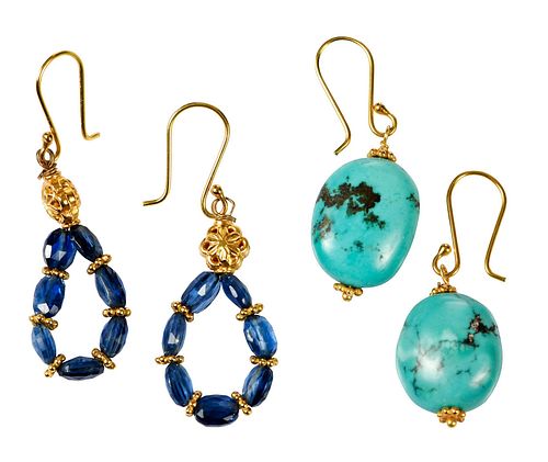 TWO PAIRS 18KT. GEMSTONE EARRINGSturquoise