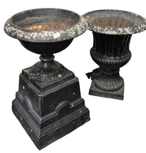 TWO IRON OUTDOOR URNS TWO PART  379c20