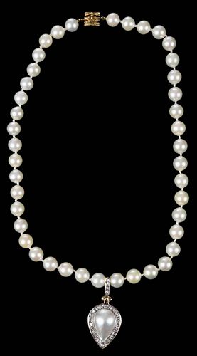 GOLD PEARL AND DIAMOND NECKLACEknotted  379c80