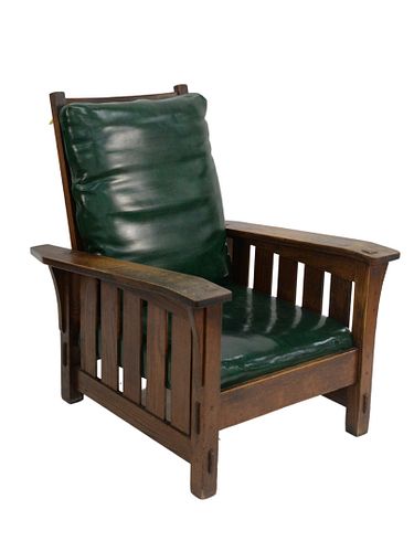 GUSTAV STICKLEY OAK MORRIS CHAIR, HAVING