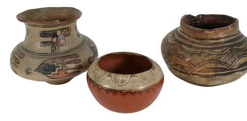 GROUP OF THREE INDIAN POTTERY BOWLS,