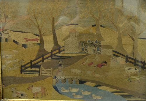 WOOLWORK FARMYARD WITH ANIMALS, POND,