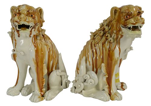 PAIR OF PORCELAIN FOO DOGS IN A