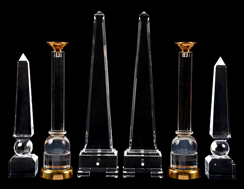 GROUP OF SIX LUCITE OBELISKS AND