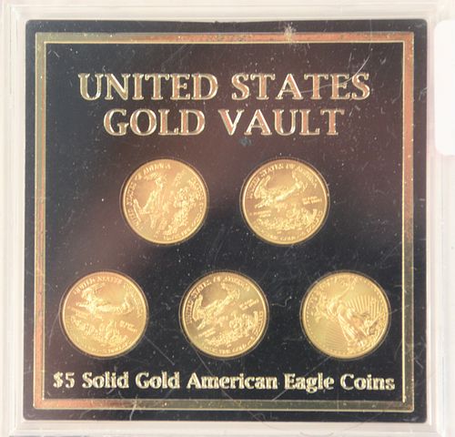 FIVE GOLD EAGLES, 1/10 OZ. EACH.Five