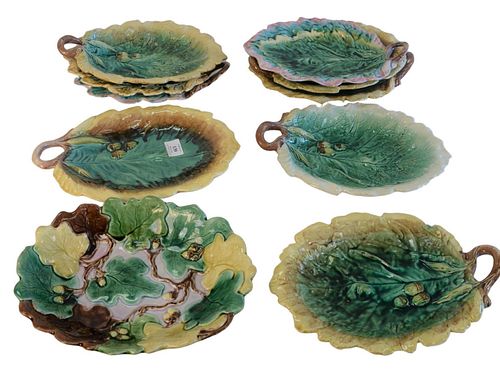 TEN MAJOLICA LEAF SHAPED DISHES,