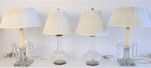 TWO PAIRS OF CUT GLASS TABLE LAMPS;