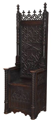 GOTHIC STYLE CARVED OAK THRONE