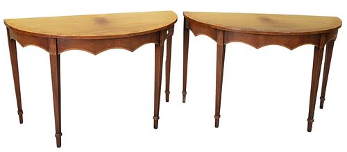 PAIR MAHOGANY DEMILUNE, WITH CARVED