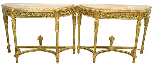 PAIR OF GILT DEMILUNE TABLES, WITH