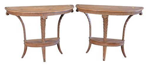 PAIR PINE DEMILUNE TABLES, HAVING