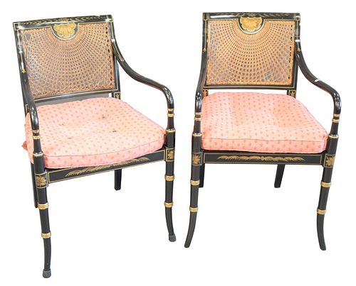SET OF FIVE BLACK STENCILED ARMCHAIRS,