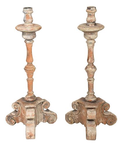 PAIR BAROQUE PAINT DECORATED PRICKET