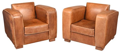 PAIR ART DECO LEATHER CLUB CHAIRScirca