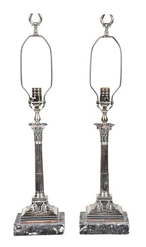 PAIR OF ENGLISH SILVER CANDLESTICKS/LAMPSSheffield,