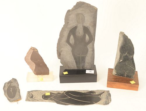 GROUP OF FIVE CARVED SLATE NUDE