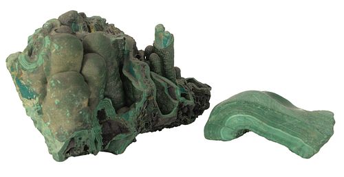 PAIR OF MALACHITE SPECIMENS, LARGEST