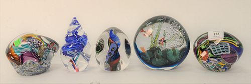 FIVE PIECE GROUP OF ART GLASS PAPERWEIGHTS,