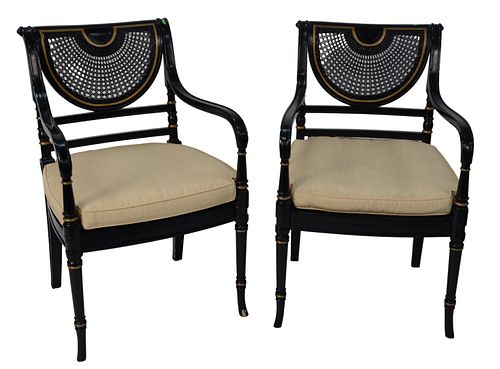 PAIR OF BLACK LACQUERED ARMCHAIRS,