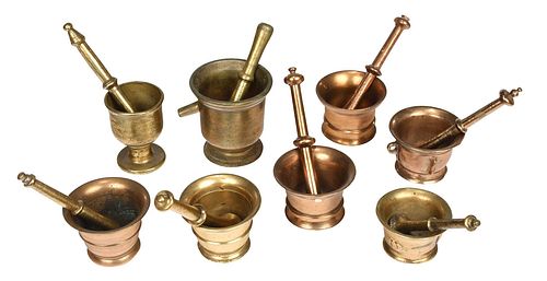 EIGHT ASSORTED BRASS MORTARS AND PESTLESSpanish/British,