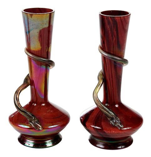 PAIR OF GLASS VASES WITH APPLIED 37a700