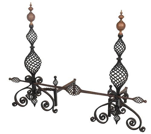 LARGE PAIR WROUGHT IRON AND BRASS