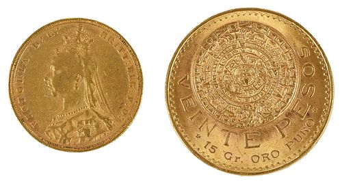 TWO GOLD COINS1959 Mexican 20 Peso;