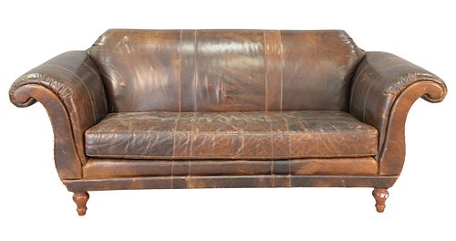 BROWN LEATHER UPHOLSTERED SOFA