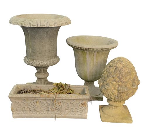 FOUR CEMENT OUTDOOR ORNAMENTS TO