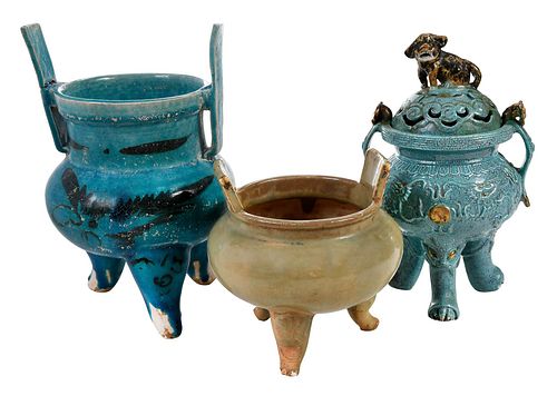 THREE CHINESE GLAZED TRIPOD CENSERSone