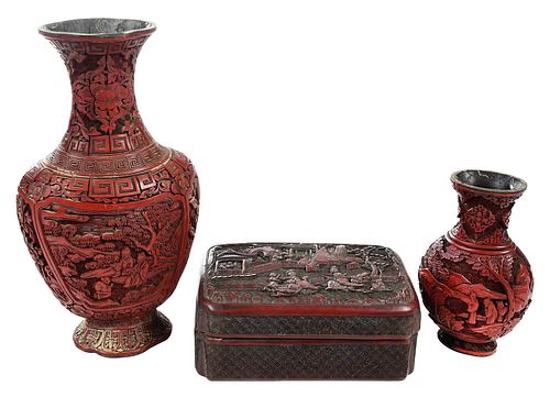 THREE CHINESE CARVED CINNABAR TABLE 37aac2