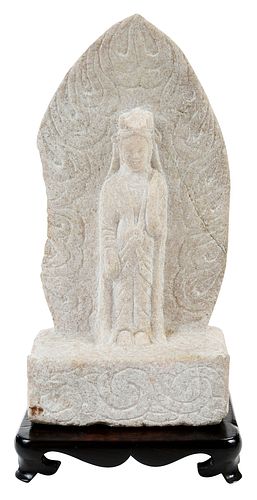 CHINESE CARVED STONE GUANYIN FIGURE