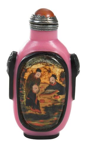 CHINESE PINK GLASS REVERSE PAINTED