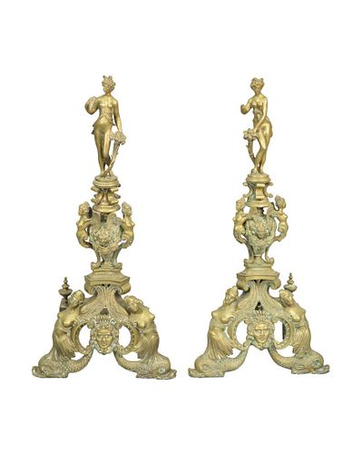 PAIR OF BRASS FIGURAL ANDIRONS